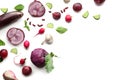 Flat lay composition with various vegetables and plums on white background Royalty Free Stock Photo