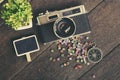 Flat lay composition of vintage camera,compass, green plant and word block on wooden table