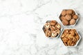 Flat lay composition with walnuts and space for text Royalty Free Stock Photo