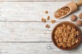 Flat lay composition with walnuts and space for text Royalty Free Stock Photo