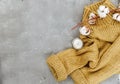 Flat lay composition with warm sweater and cotton. Blogger concept