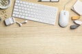 Flat lay composition with wired computer mouse and keyboard on table. Space for text Royalty Free Stock Photo