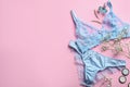 Flat lay composition with women`s underwear and space for text on pink background Royalty Free Stock Photo