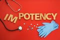 Flat lay composition with word IMPOTENCY on red background Royalty Free Stock Photo
