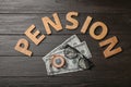 Flat lay composition with word PENSION, money and compass Royalty Free Stock Photo