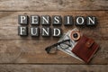 Flat lay composition with words PENSION FUND Royalty Free Stock Photo