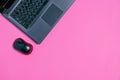 Flat lay, computer mouse and laptop on a pink background, copy space Royalty Free Stock Photo