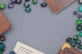 Flat lay concept design for tabletop role playing with colorful green and blue dices, character sheet and rule books Royalty Free Stock Photo