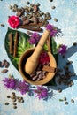 Flat lay concept with raw cocoa and coffee beans ,twig of cinnamon, leaf and flower as ingredien for recipe on wooden rustic