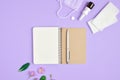 Flat lay concept of seasonal spring and summer pollen allergy with napkins, pills, face mask, pen, notepad, drops bottle. Royalty Free Stock Photo