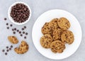 Flat lay cookies chocolate chips bowl. High quality and resolution beautiful photo concept Royalty Free Stock Photo