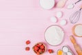 Flat lay cooking food composition of ingredients for baking homemade strawberry pie Royalty Free Stock Photo