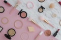 Flat lay Cosmetics for makeup, eye shadow, brush, highlighter, concealer, makeup, lipstick, mascara, blush marble and Royalty Free Stock Photo