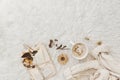 Flat lay cozy background with cup of coffee,