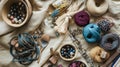 A flat lay of crafting materials, including beads and ribbons, styled on a linen cloth. background Royalty Free Stock Photo
