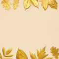 Flat lay creative autumn composition. Frame from Golden leaves on beige background top view copy space. Fall concept. Autumn