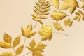 Flat lay creative autumn composition. Golden leaves on beige background top view copy space. Fall concept. Autumn background.