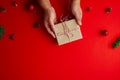 Flat lay Creative composition of Man holding Christmas gift box Royalty Free Stock Photo