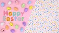 Flat lay creative hspring holidays background with pastel neatly ordered eggs ahd Happy Easter text. Copy space greeting card