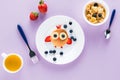 Flat lay with creatively styled children`s breakfast