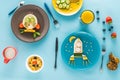 Flat lay with creatively styled children`s breakfast