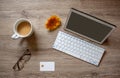 Flat lay with a cup of coffee,white paper,notebook,tablet and white creditcard.