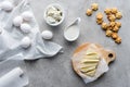 flat lay with cut butter sour cream cookies and raw chicken eggs ingredients for making pie