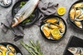 flat lay delicious seafood composition. High quality photo