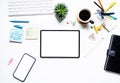 flat lay design.Business ideas with top view digital device screen and work tool on white desk background