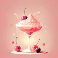 Flat lay design of cute Pink Lady Cocktail with cherry on top.