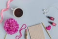 Flat lay desk with pink peony, cosmetics and accessories Royalty Free Stock Photo