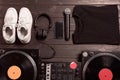 flat lay with dj sound mixer, smartphone, headphones and microphone Royalty Free Stock Photo