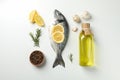 Flat lay with Dorado fish and cooking ingredients on background, top view Royalty Free Stock Photo