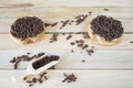 Bowl and rusk with chocolate hail, Dutch Hagelslag