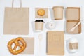 Flat lay eco friendly composition. Carton compostable products over white