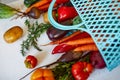 Flat lay Eco-friendly shopping bag with assortment of fresh vegetables Royalty Free Stock Photo