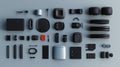 A flat lay of electric car accessories arranged neatly on a minimalist surface. digital Royalty Free Stock Photo