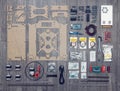 Flat lay of electronic and mechanical parts and components of DI Royalty Free Stock Photo