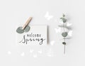 flat lay with eucalyptus and WELCOME SPRING sign on paper Royalty Free Stock Photo