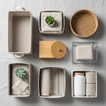Flat lay featuring storage containers plants and home items on a Royalty Free Stock Photo