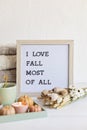 Flat lay with felt letter board and text I love fall most of all. Autumn table decoration Royalty Free Stock Photo