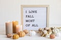 Flat lay with felt letter board and text I love fall most of all. Autumn table decoration Royalty Free Stock Photo