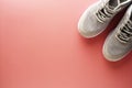 Flat lay of female sneakers, sport shoes on a pink background. Running workout, fitness, sport, yoga concept. Copy space Royalty Free Stock Photo