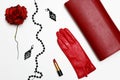 Flat lay feminini red clothes and accessories collage on white background.