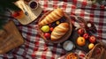 Flat Lay flat composition with a picnic set: basket, fruits, bread Royalty Free Stock Photo