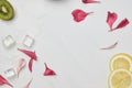 flat lay with flower petals, ice cubes, lemon and kiwi pieces on white tabletop