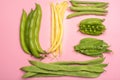 Flat lay food concept with fresh legumes, green ripe bread bean