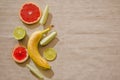 Tropical fruit flat lay on a light background.