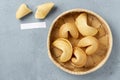 flat lay fortune cookies bowl with blank note. High quality photo Royalty Free Stock Photo