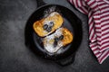 Flat Lay French toast for breakfast using brioche bread in a cast iron skillet Royalty Free Stock Photo